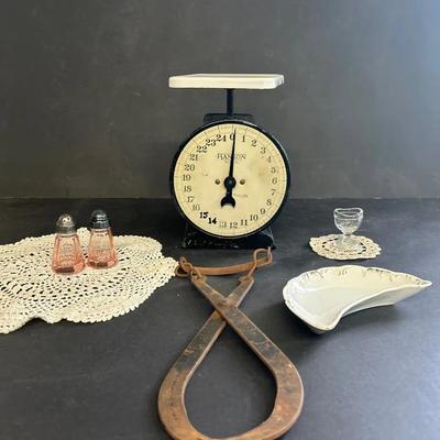 Vintage Hanson Kitchen Scale, Iron Ice Tongs, Bone Dish And More 
