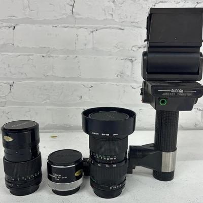 Vintage Canon Lenses W/ Sunpak Flash Unit