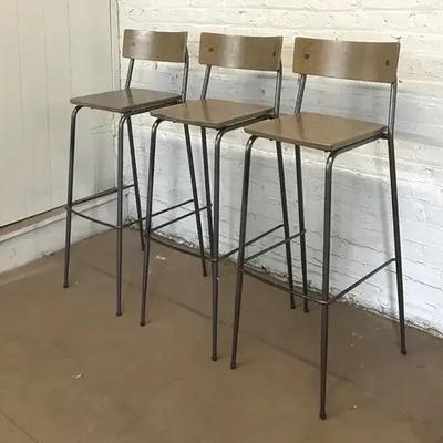 Set Of Three SoHo Contract Group Golden Wood And Steel Bar Stools