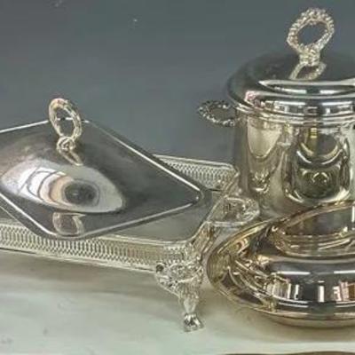 Vintage Silver Plated Ice Bucket & Silver Plated Serving Accessories 