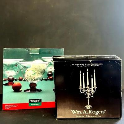 New In Box Silverplate Candelabrum With Four Pfaltzgraff Painted Glass Dessert Cups