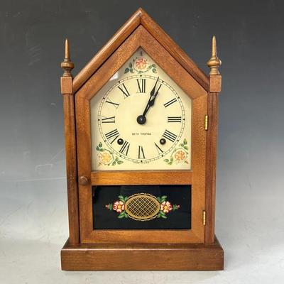 Seth Thomas Walnut Case Eglomise Door Cathedral Clock