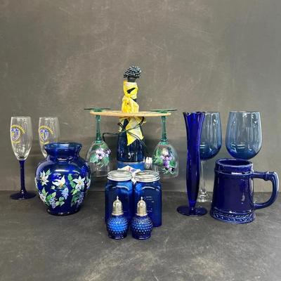 Hand Painted Cobalt Vase And Wine Glasses With Holder And Assorted 