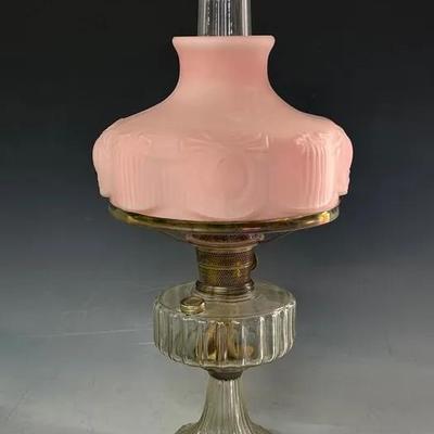 Antique Aladdin Oil Lamp With Patterned Pink Shade 