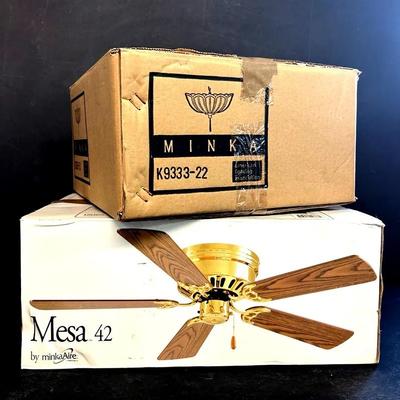 New In Box Minka White Ceiling Fan And Pendant Light With Frosted Shade