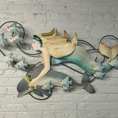 An Artist Signed Painted Steel Wall Sculpture Of A Mermaid And Dolphin 