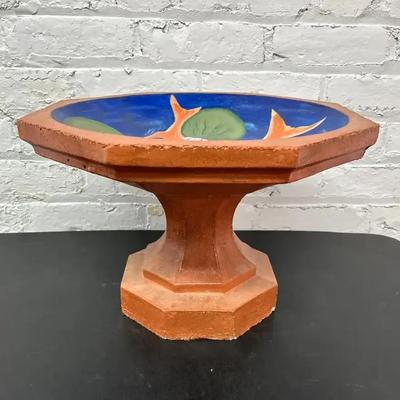 Hand Painted Concrete Birdbath With Koi Motif 