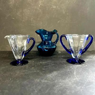 1930s Czech Art Deco Cobalt And Clear Glass Cream And Sugar Set With A Turquoise Fenton Pitcher
