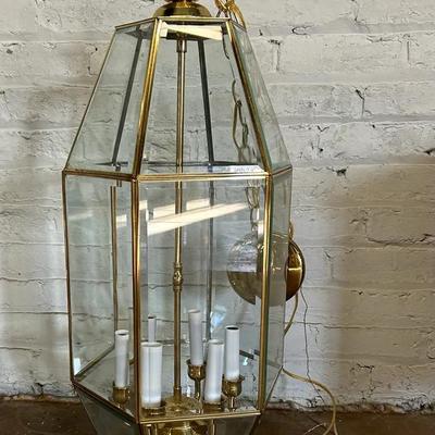 A Beveled Glass And Brass Entryway Or Outdoor Pendant Fixture 