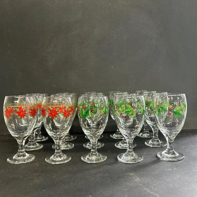 15 Holiday Wine Or Water Goblets In Holly And Poinsettia Designs