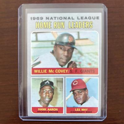 1970 Topps Baseball Card. NL Home Run Leaders - Hank Aaron, Willie McCovey, Lee May. Card #65