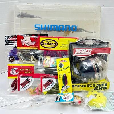 "Zebco 888" Reel, "Shimano" Box, and Premium Soft Baits