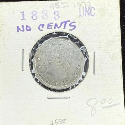 1883 liberty head v nickel no cents"
