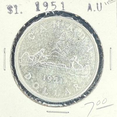 Canadian one dollar silver coin dated 1951,