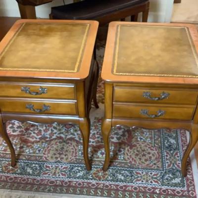 2 French Provincial Leather-Top End Tables – Cherry Finish & Cabriole Legs