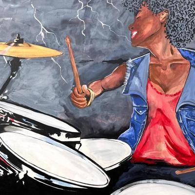 Female Rock Drummer Original Painting 36"x24"