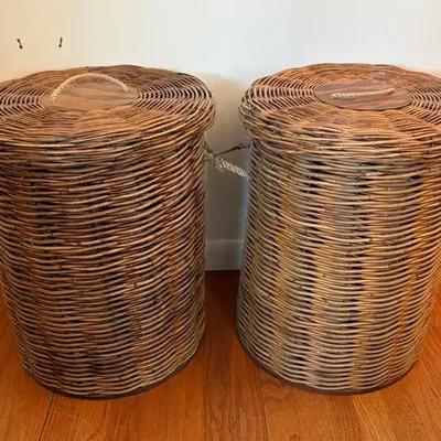 Large Rustic Woven Wicker Hampers with Wood Lids & Rope Handles