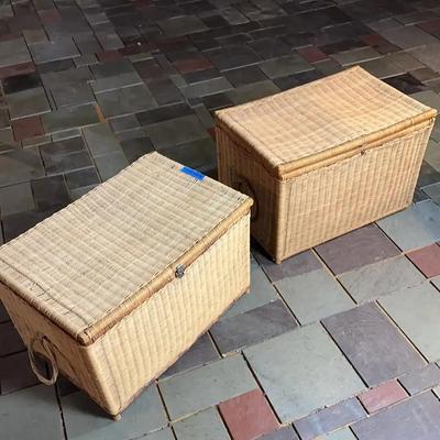 Pair of Large Vintage Woven Wicker Storage Trunks / Hampers – Coastal Boho Style