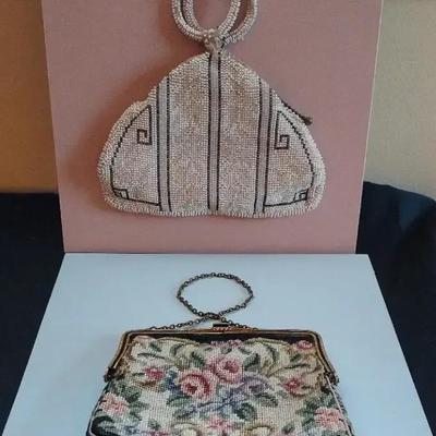 2 Antique Purses: Floral Petit Point Tapestry Bag & Art Deco Seed Bead Evening Bag - Mounted