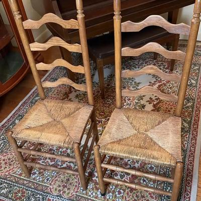 2 Provincial Oak Ladder-Back Side Chairs – Hand-Woven Rush