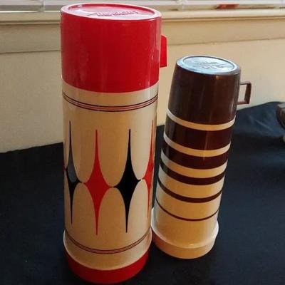 MCM Thermos Lot - Rare Red/Black Diamond Pattern & Striped Picnic Flasks
