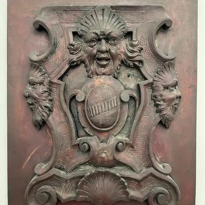 Continental Baroque Style High-Relief Plaque – Mascaron & Heraldic Shield Wall Decor (18.5" x 23")