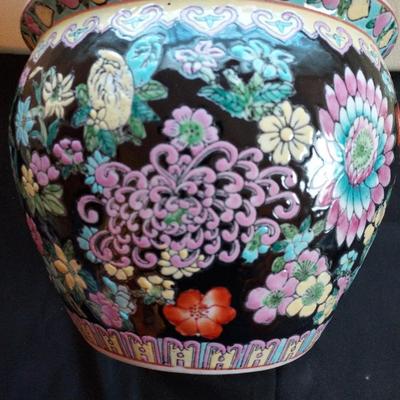 Chinese Famille Noire Porcelain Fish Bowl Planter - Hand-Painted Floral & Fruit Motif