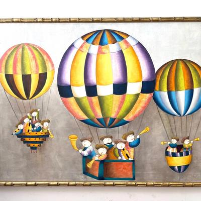 Large Whimsical Hot Air Balloon Oil Painting in Gilt Faux-Bamboo Frame – 48" x 36"