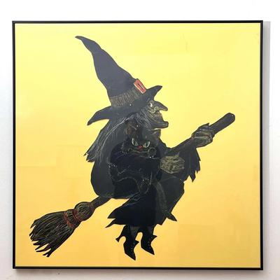 Large Vintage-Style Halloween Witch & Black Cat Framed Wall Art – 36" x 36"