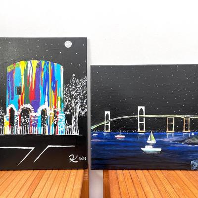 Pair of Original Newport Nightscapes – The Viking Tower & Newport Bridge - Signed "K"