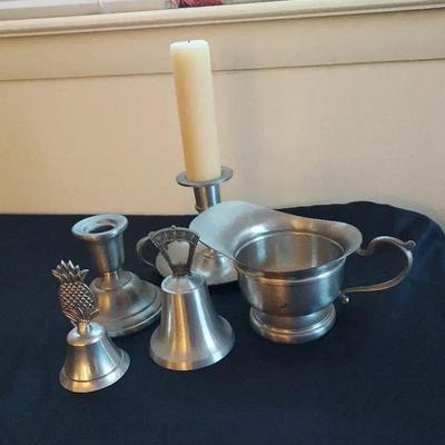 Pewter-Finish Tableware Lot – Candlesticks, Bells, & Serving Pieces