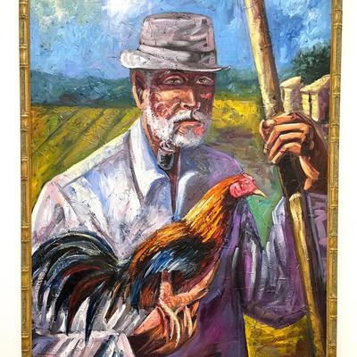Original Expressionist Painting - Signed "Infante" - Farmer with Pipe & Rooster - 40" x 31"