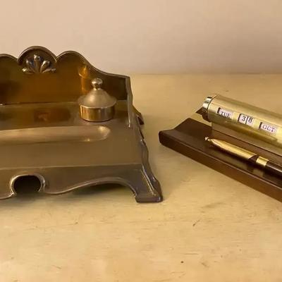 Art Nouveau Brass Inkstand & Art Deco Perpetual Calendar Desk Set