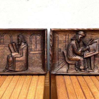 Pair of Vintage Spanish Hand-Carved Wood Relief Plaques - Medieval Scribes