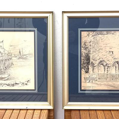 Pair of Vintage Newport, RI Prints - Bowen's Wharf & Old Stone Mill by Jas F. Murray