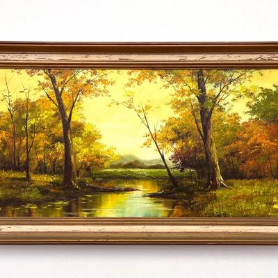 Original Pastoral Autumn Landscape - Signed "David Su" - Large Oil on Canvas in Ornate Gilt Frame
