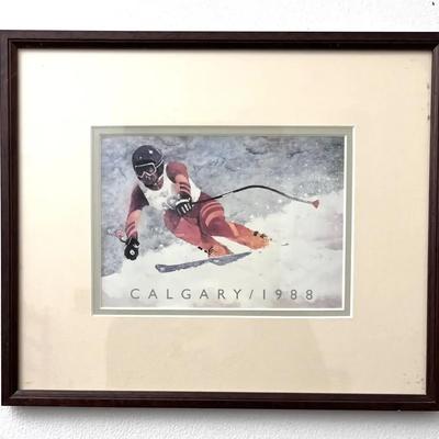 Vintage 1988 Calgary Winter Olympics Framed Art Print – Downhill Skier