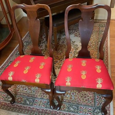 Queen Anne Style Dining Chairs (2) - Pineapple Motif Upholstery - Cabriole Legs
