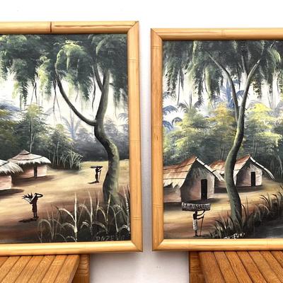 MCM Equatorial Village Life Landscapes - Signed "D NIEVO" -Oil Paintings in Faux-Bamboo Frames