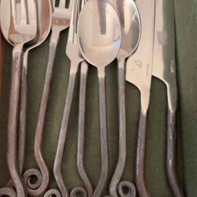 Vintage Entertaining Lot: Hand-Forged Snail-Swirl Flatware, Serving Pieces & Brass Leaf Napkin Rings