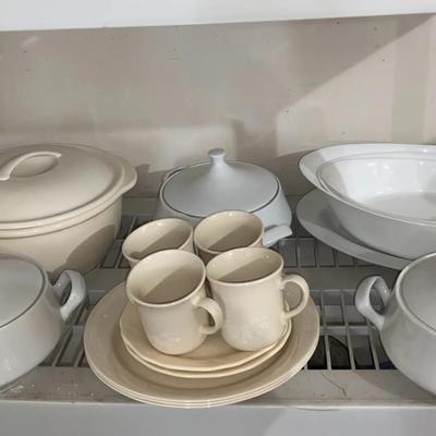 Mixed Vintage Ceramic Serving Lot – White & Cream Tureen, Platters, & Mug Set