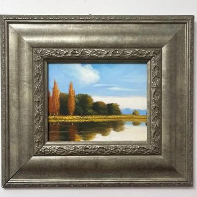 Serene Continental School River Landscape – Oil on Board – Elegantly Framed with COA