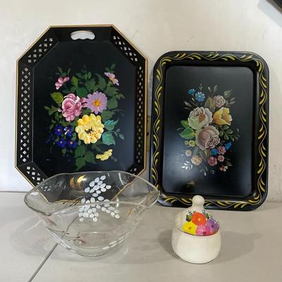Vintage Floral Lot: 2 Hand-Painted Toleware Trays, Glass Bonbon Dish & Lid Jar