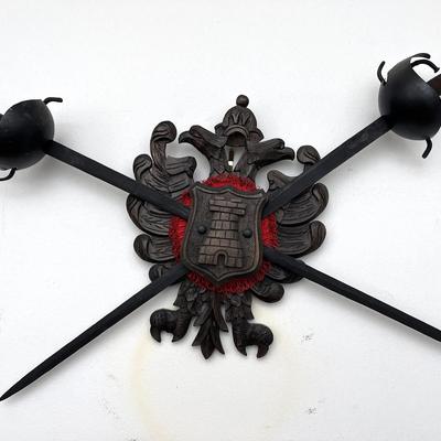 Spanish Revival Carved Wood Wall Plaque with Crossed Rapier Swords