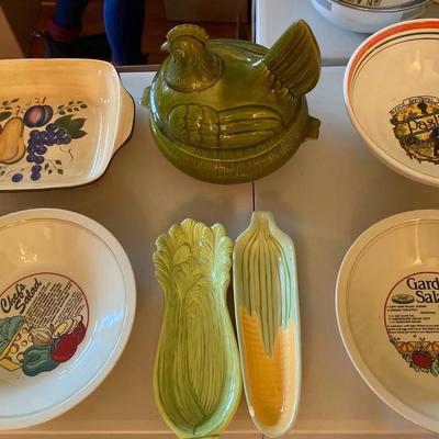 Vintage Country Kitchen Serving Lot - Majolica Style Hen, Corn & Veggie Bowls