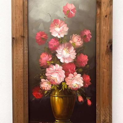 Original Robert Cox Floral Still Life – Oil on Canvas in Rustic Wood Frame