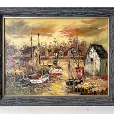 Original Harbor Scene by L. Alexis – Heavy Impasto Nautical Oil Painting – Framed 19x15
