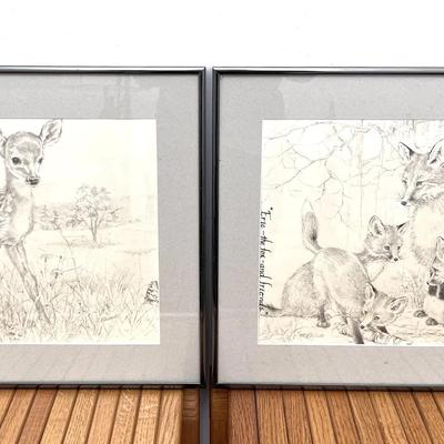 Set of 2 Vintage Framed Woodland Wildlife Prints – Fawn & Fox Family – Gallery Framed