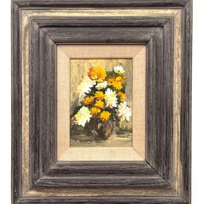 Original Floral Still Life - Signed "Steiner" – Yellow & White Dahlias – Rustic Weathered Wood Frame