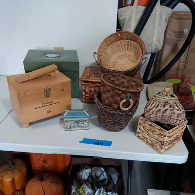Vintage Storage Lot: Woven Baskets, Wooden Shoe Shine Box, Metal Industrial Bin & Decorative Tins